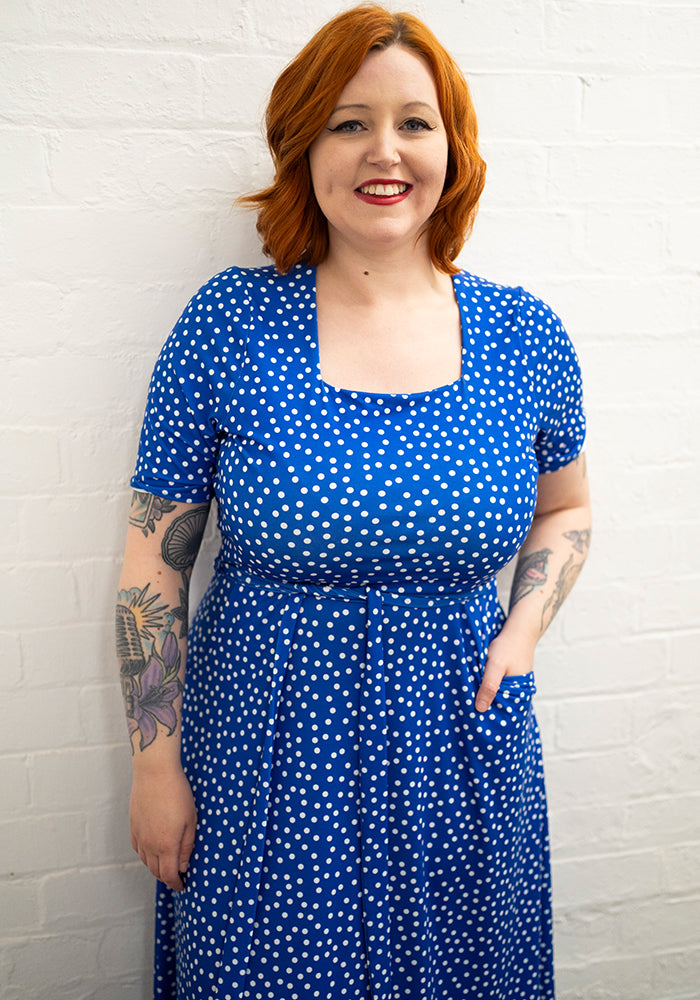 Fourth angle of Kittie Blue &amp; White Polka Dot Print Jersey Midi Dress