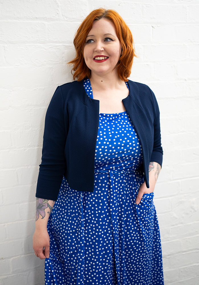 Sixth angle of Kittie Blue &amp; White Polka Dot Print Jersey Midi Dress