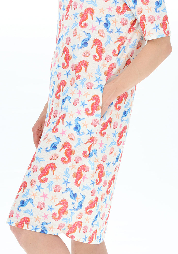 Fourth angle of Kaia Seahorse Print Night Shirt, night Shirt with Seahorse seaside inspired pattern from Popsy Clothing.