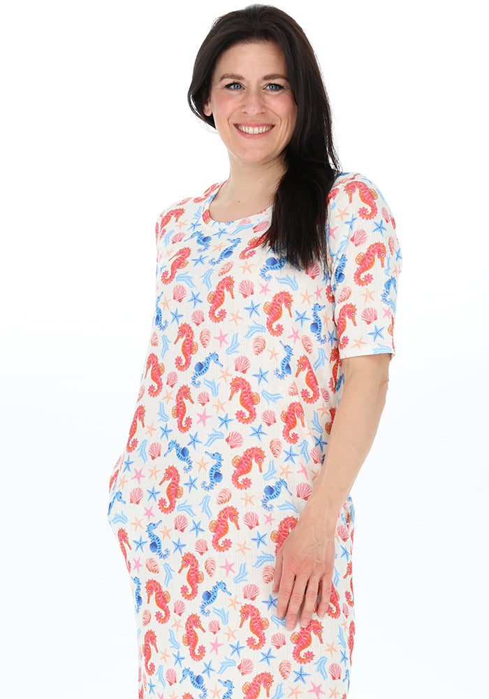 Fifth angle of Kaia Seahorse Print Night Shirt, night Shirt with Seahorse seaside inspired pattern from Popsy Clothing.