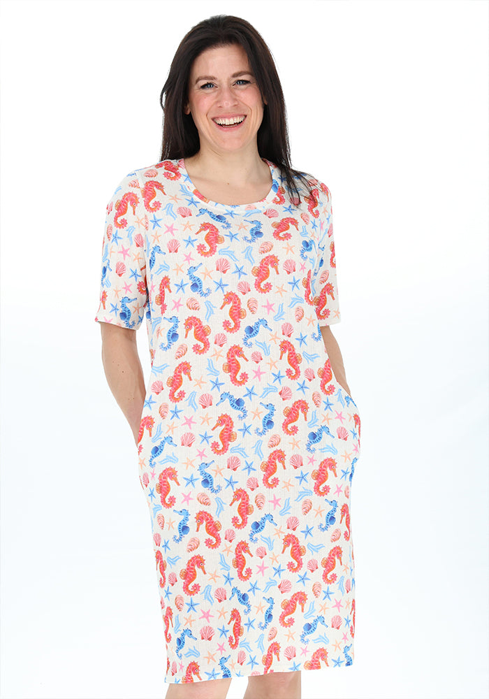 Second angle of Kaia Seahorse Print Night Shirt, night Shirt with Seahorse seaside inspired pattern from Popsy Clothing.