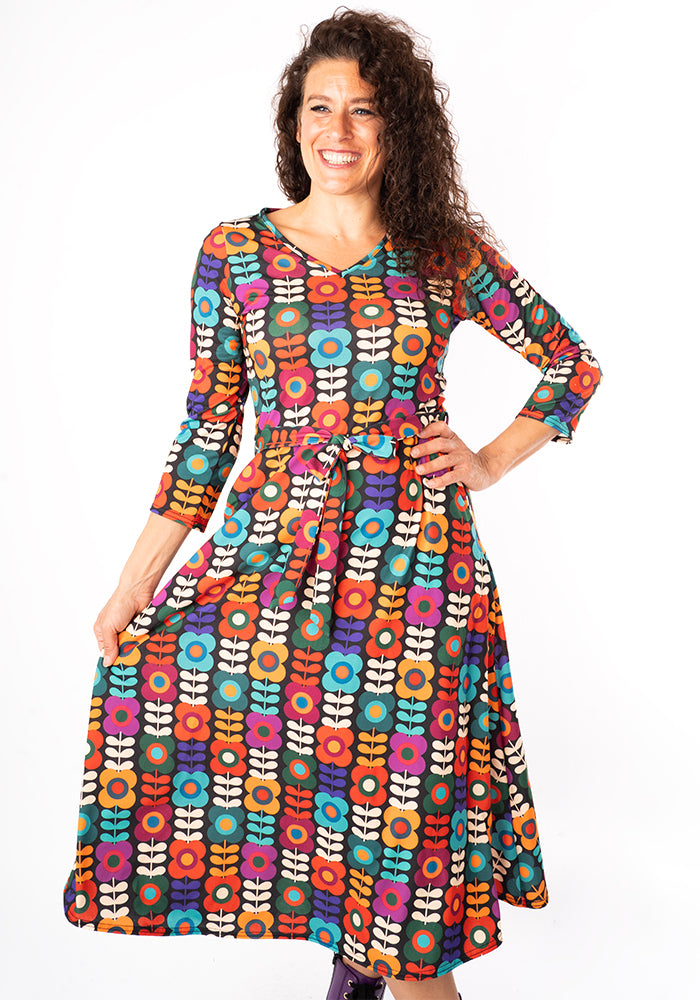 Kallie Retro Flower Print Midi Dress