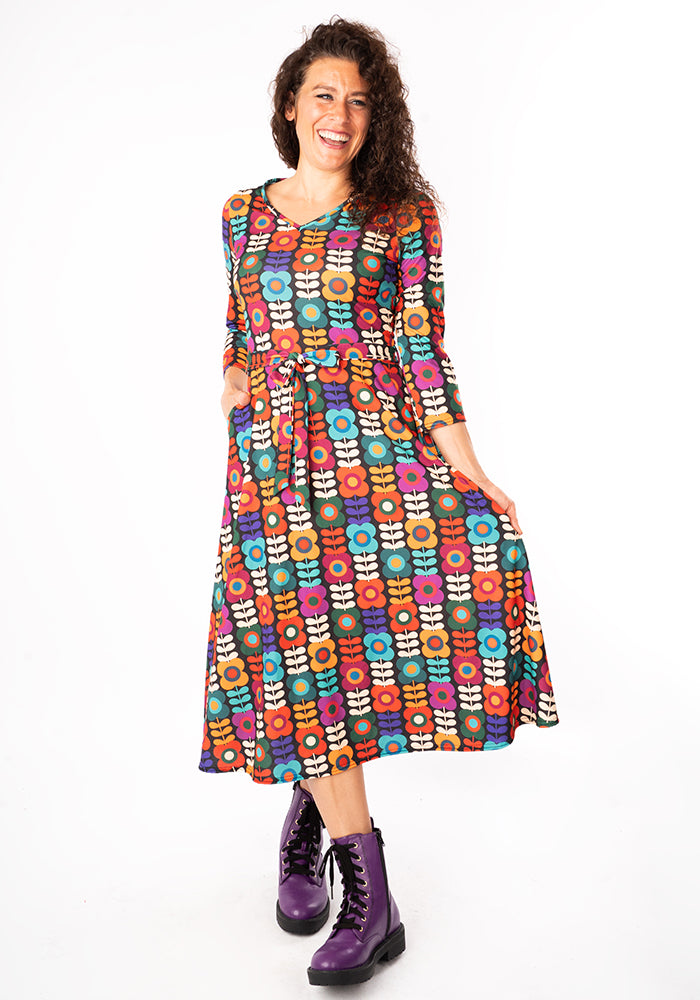 Kallie Retro Flower Print Midi Dress