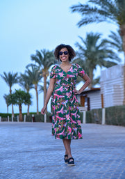 Kari Flying Parrots Print Midi Dress