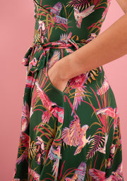 Kari Flying Parrots Print Midi Dress