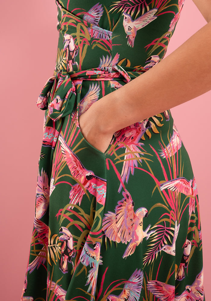 Kari Flying Parrots Print Midi Dress