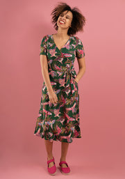 Kari Flying Parrots Print Midi Dress