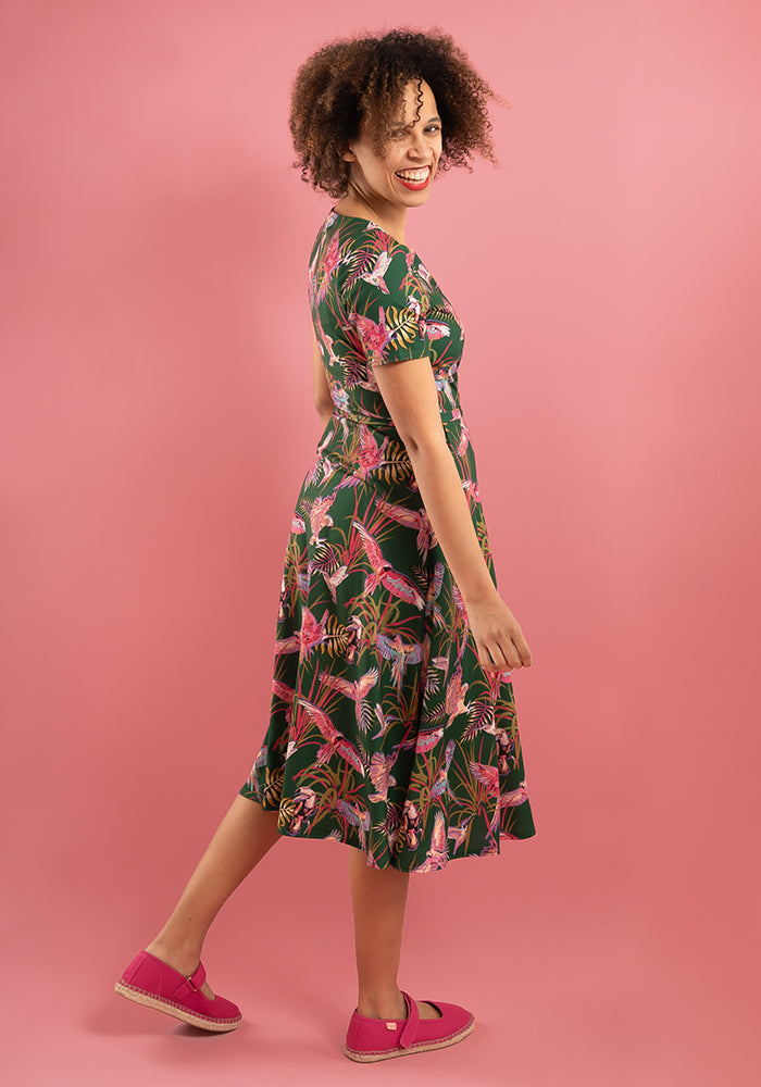 Kari Flying Parrots Print Midi Dress