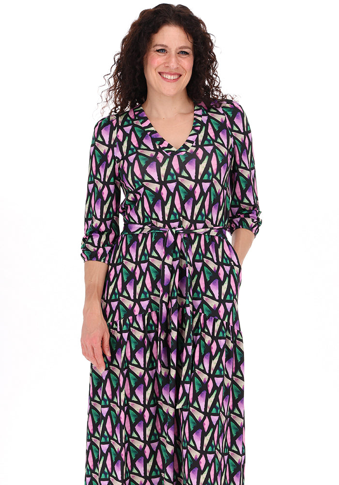 Karolina Colourful Abstract Pieces Print Drop Waist Midaxi Dress