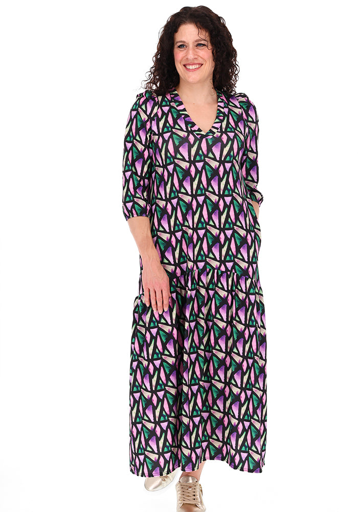 Karolina Colourful Abstract Pieces Print Drop Waist Midaxi Dress