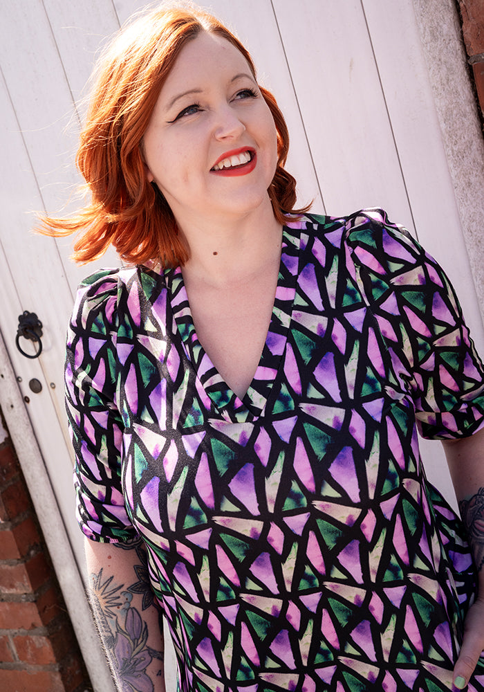 Karolina Colourful Abstract Pieces Print Drop Waist Midaxi Dress