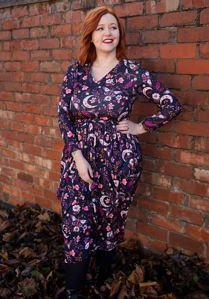 Kaltain Moths and Moon Print Midi Dress