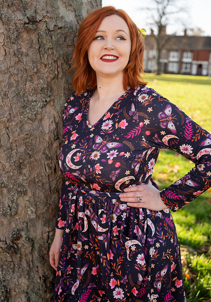 Kaltain Moths and Moon Print Midi Dress