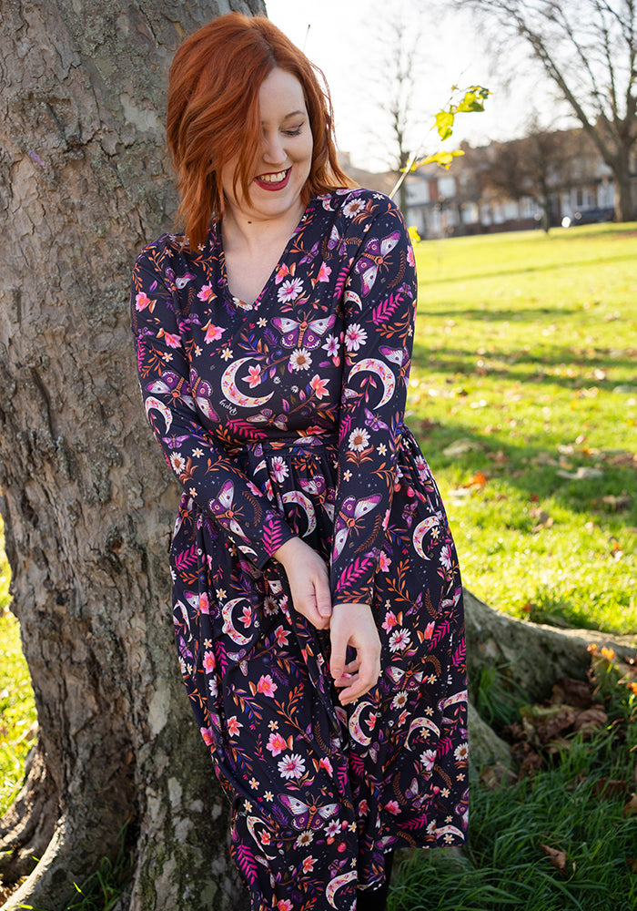 Kaltain Moths and Moon Print Midi Dress