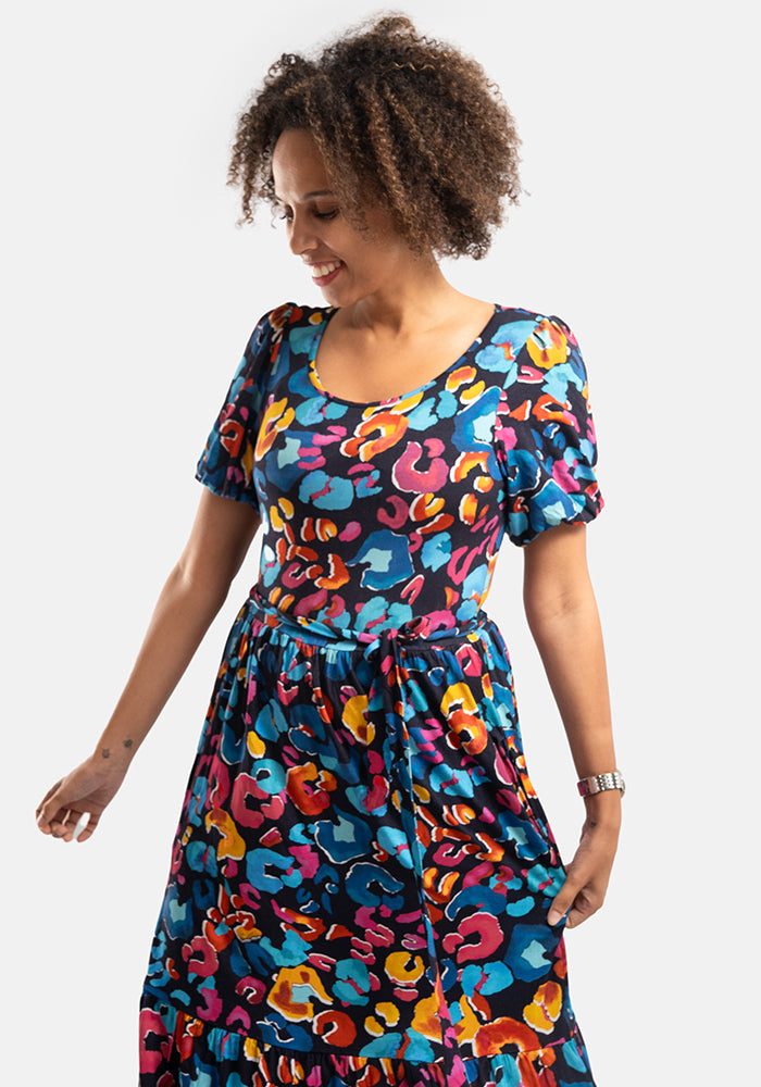 Kathleen Animal Print Tiered Hem Viscose Midi Dress