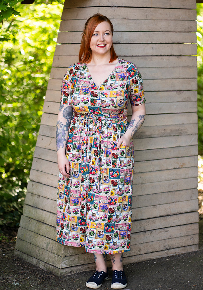 Katniss Vintage Stamp Print Cotton Midi Dress