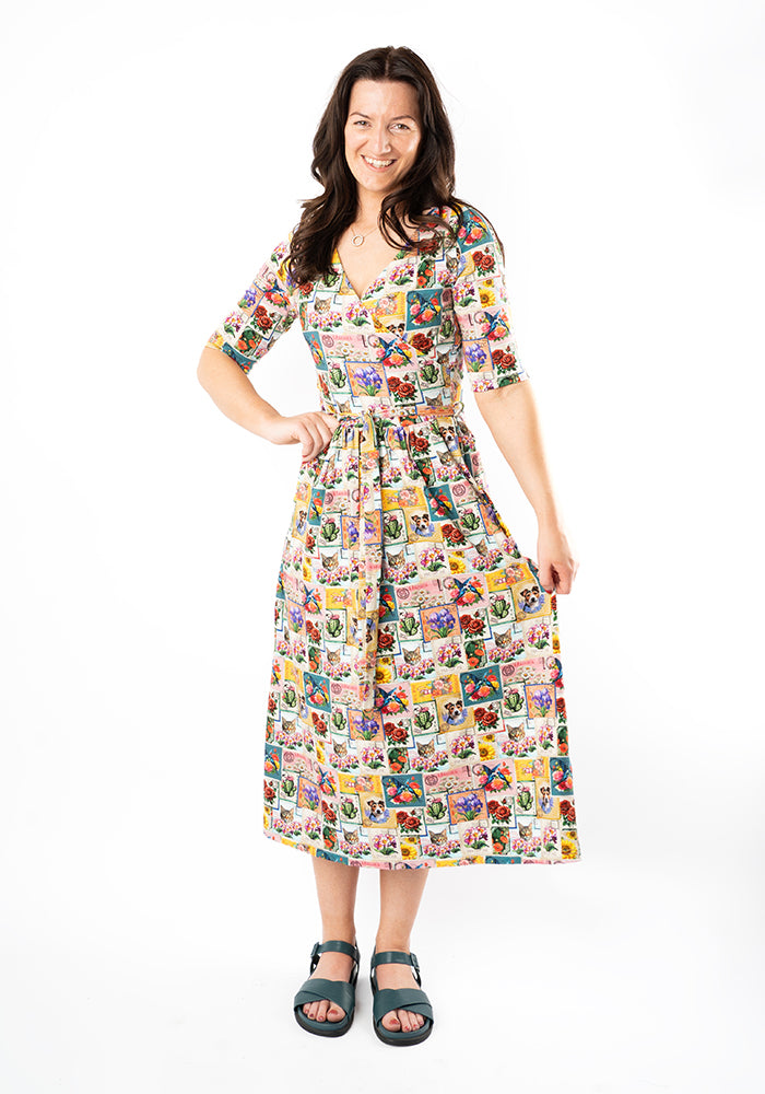 Katniss Vintage Stamp Print Cotton Midi Dress