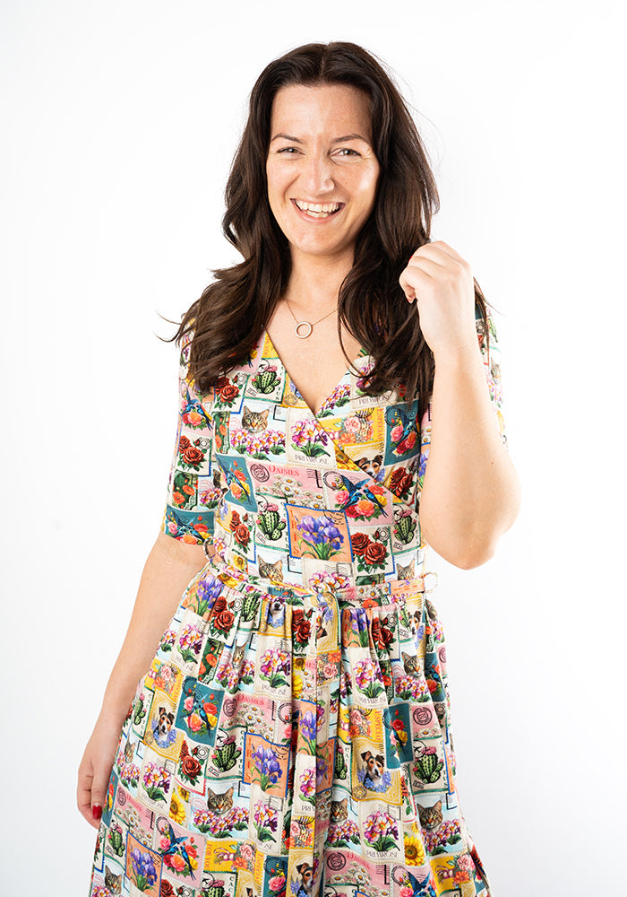 Katniss Vintage Stamp Print Cotton Midi Dress