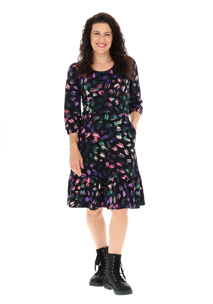 Kaye Brushstrokes Print Cotton Tiered Hem Dress