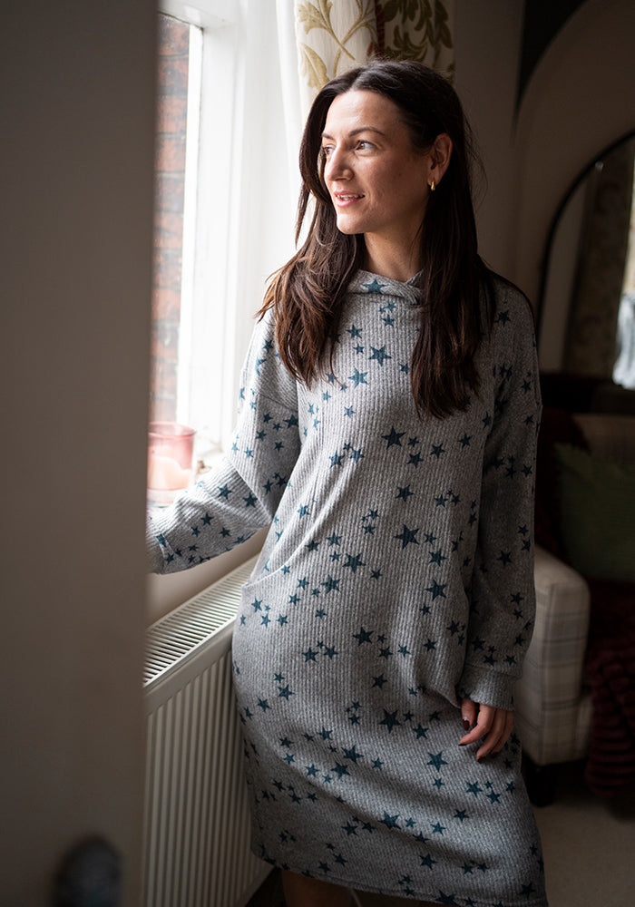 Front view of Kea Star Print Hooded Lounge Wear Dress