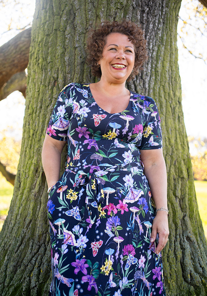 Front view of Keaton Toadstool Floral Print Viscose Midi Dress