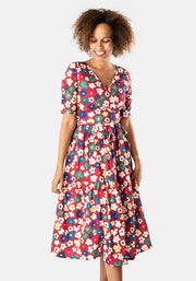 Keegan Stencil Flower Print Tiered Hem Midi Dress
