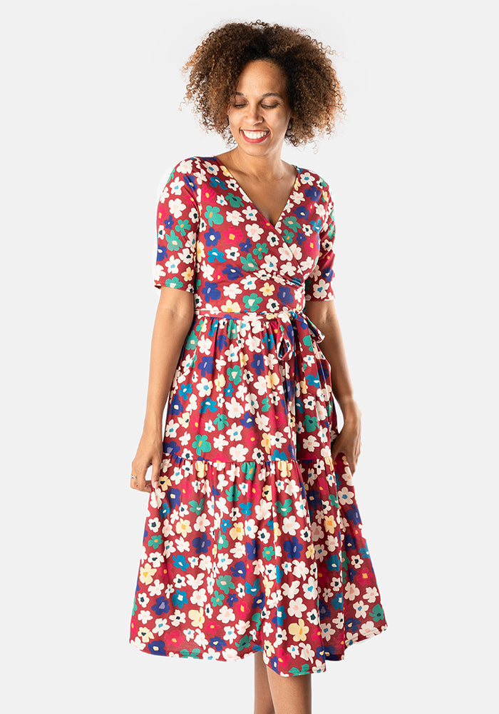 Keegan Stencil Flower Print Tiered Hem Midi Dress