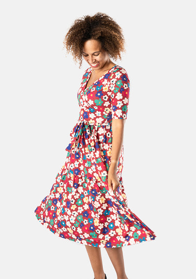 Keegan Stencil Flower Print Tiered Hem Midi Dress