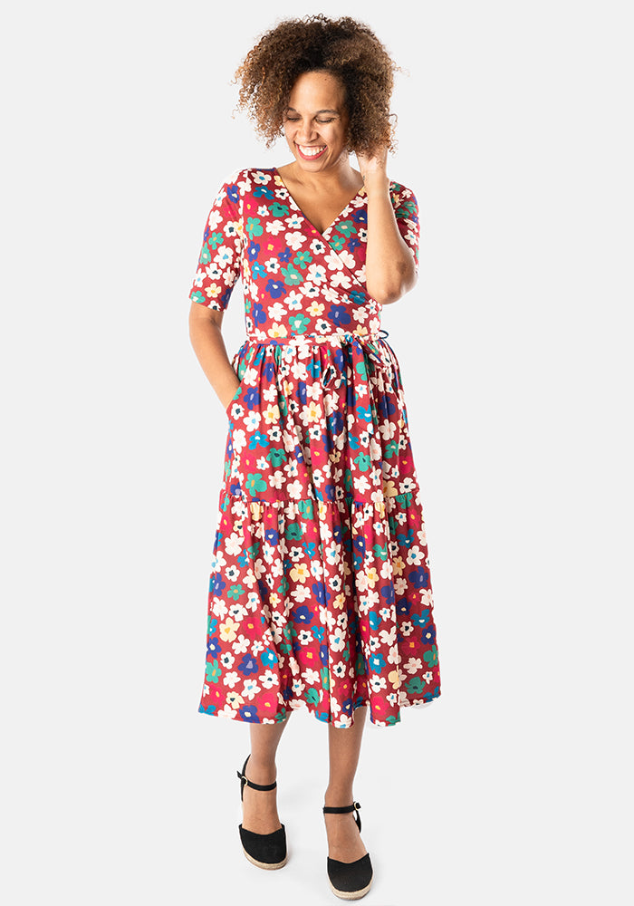 Keegan Stencil Flower Print Tiered Hem Midi Dress
