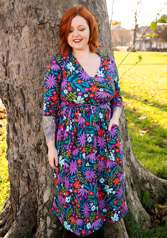 Front view of Keily Modern Floral Print Cotton Midi Dress