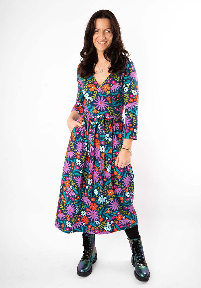 Third angle of Keily Modern Floral Print Cotton Midi Dress
