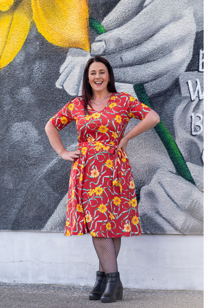 Front view of Red Wales Print Flat Waist Jersey Dress, a bold red jersey dress from Popsy Clothing.