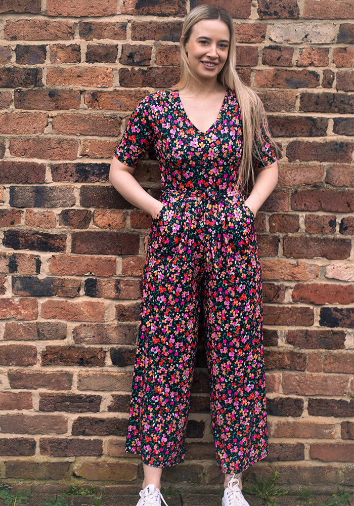 Front view of Kellyanne Ditsy Flower Print Culotte Jumpsuit