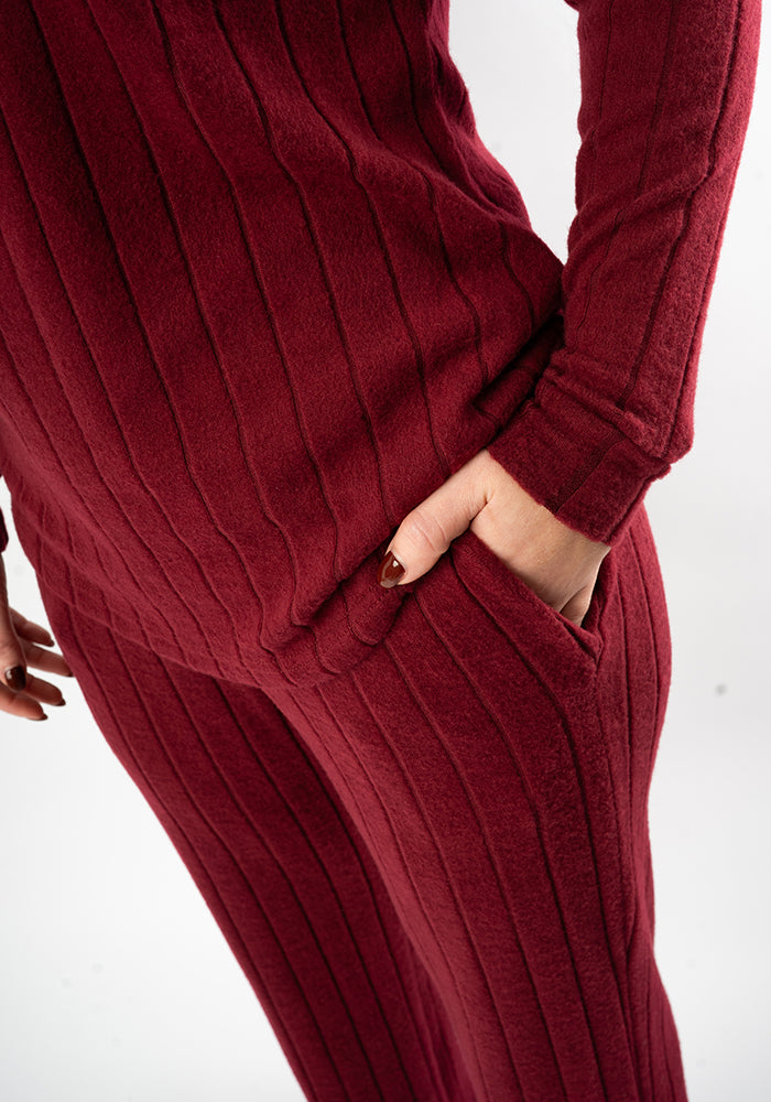Third angle of Kelyn Wine Brushed Chunky Rib Loungewear Set