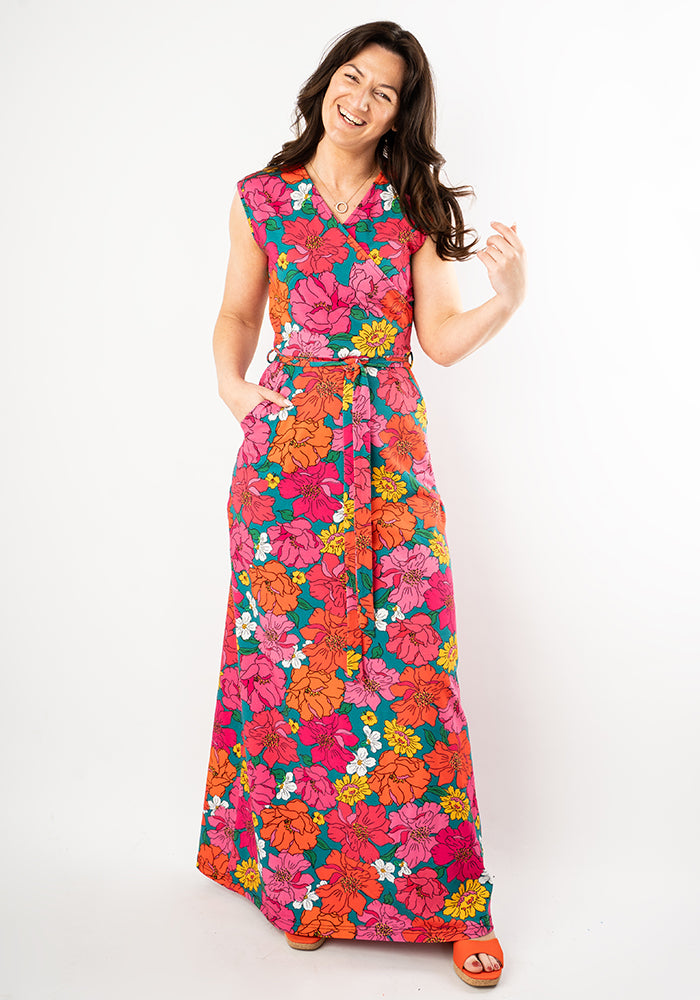 Front view of Kendall Bold Floral Print Cotton Maxi Dress
