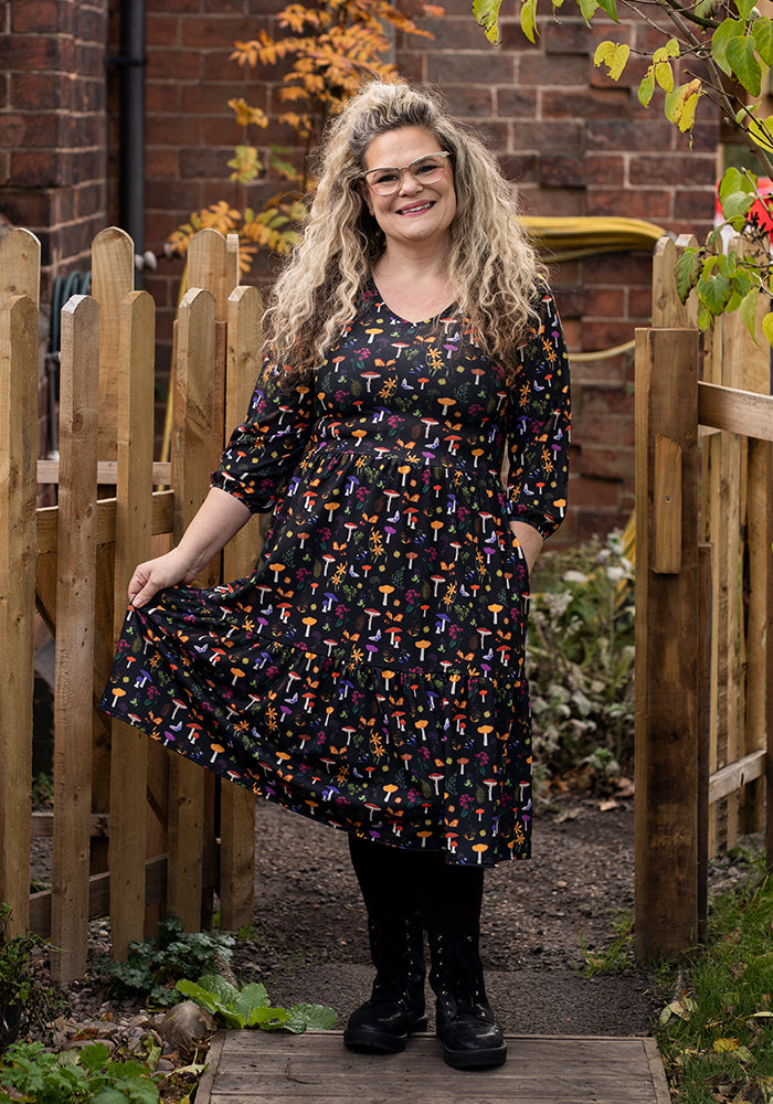 Front view of Kenzi Botanical Mushroom Print Dress