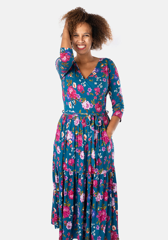 Keren Floral Print Tiered Hem Viscose Midi Dress