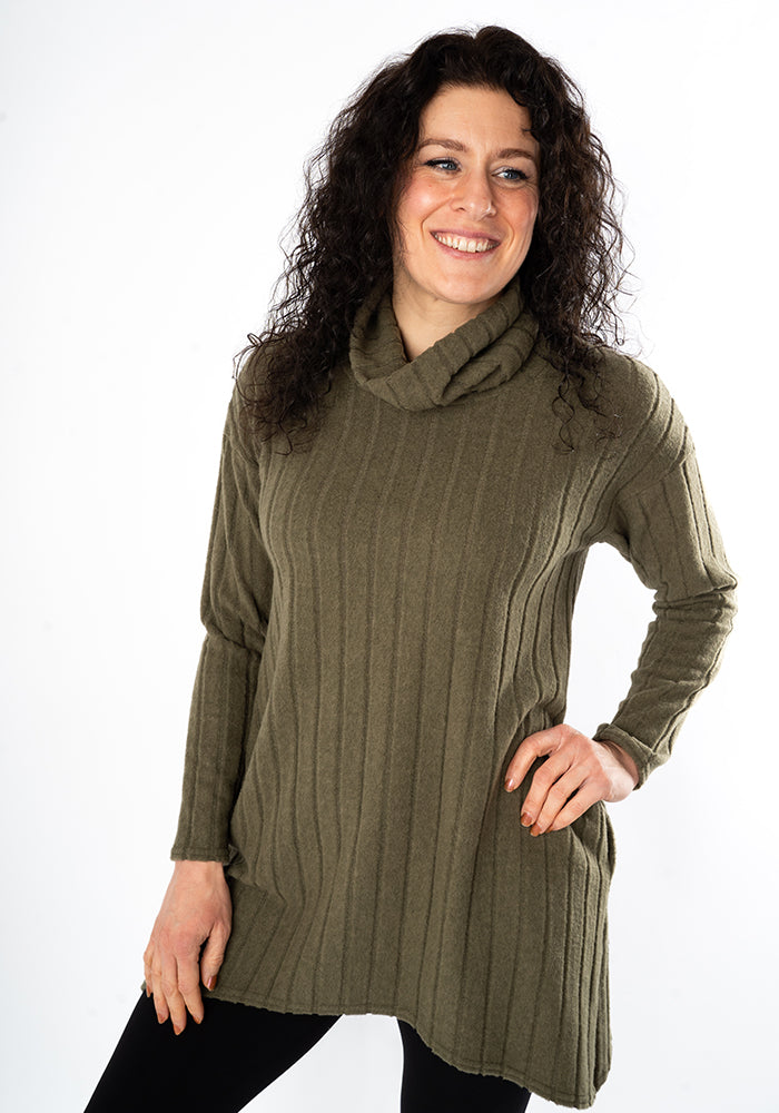 Front view of Bexley Khaki Brushed Chunky Rib Tunic