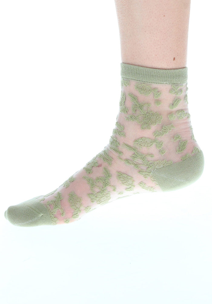 Front view of Khaki Floral Bloom Sheer Ankle Socks, sheer ankle socks with a khaki floral pattern.