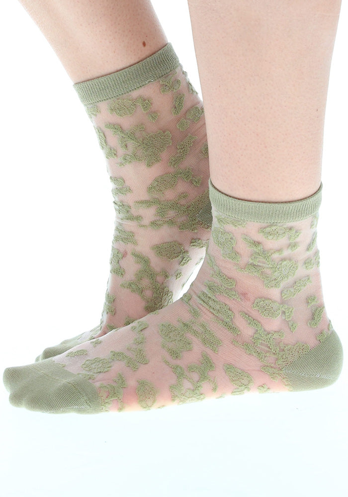 Second angle of Khaki Floral Bloom Sheer Ankle Socks, sheer ankle socks with a khaki floral pattern.
