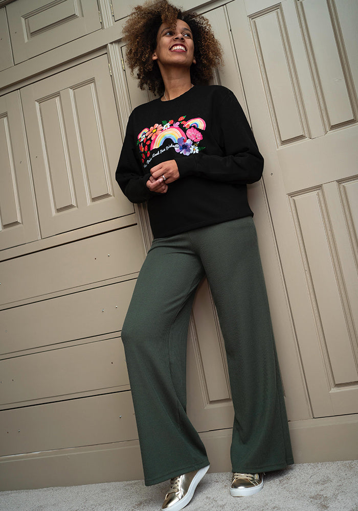 Front view of Kamila Khaki Crinkle Rib Trousers