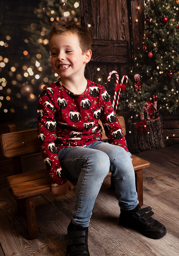 Children's Christmas Puddings Print Cotton T-Shirt (Crimson)