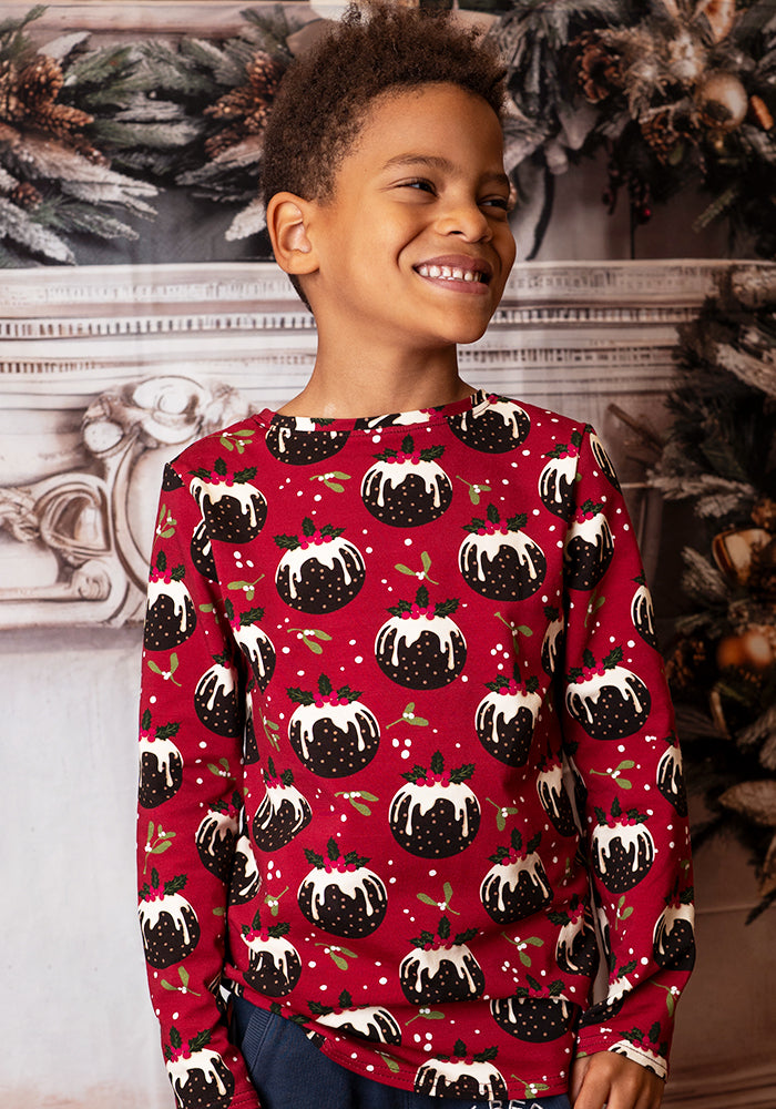Children's Christmas Puddings Print Cotton T-Shirt (Crimson)