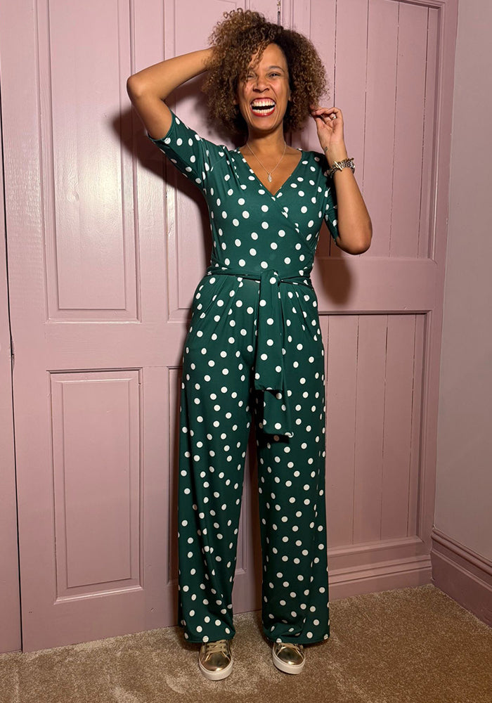 Front view of Kiri Polkadot (Green and White) Full Length Jumpsuit