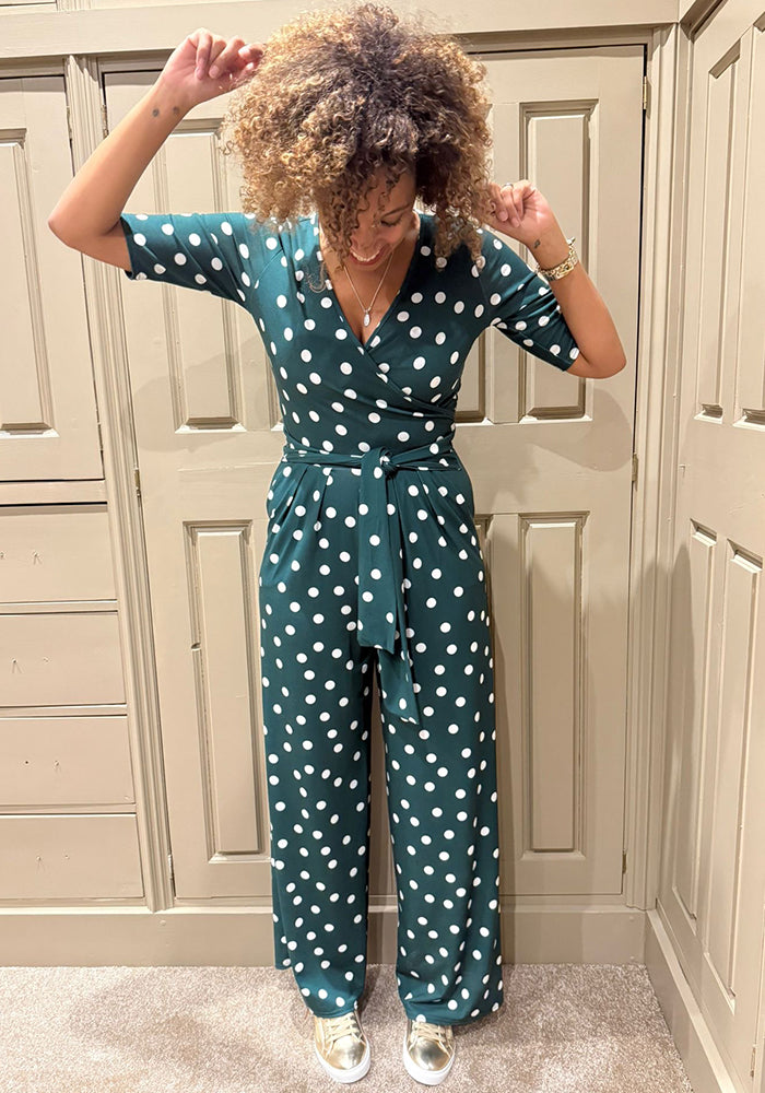 Third angle of Kiri Polkadot (Green and White) Full Length Jumpsuit