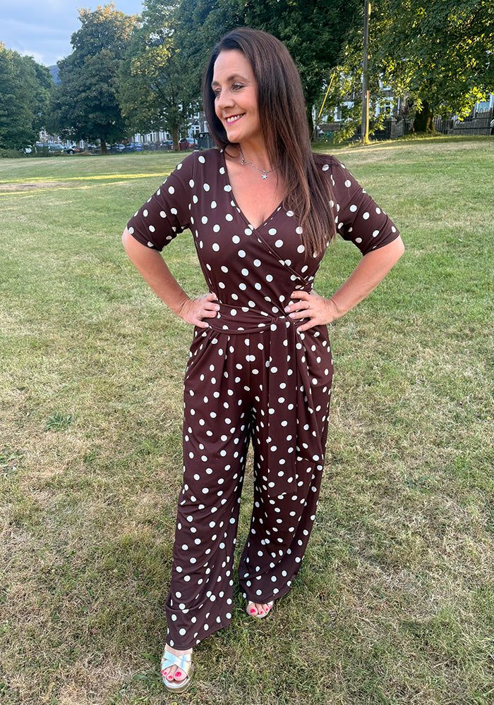 Kiri Chocolate &amp; Ecru Spot Full Length Jumpsuit