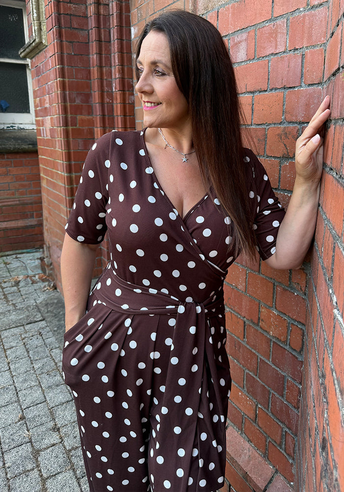 Kiri Chocolate &amp; Ecru Spot Full Length Jumpsuit