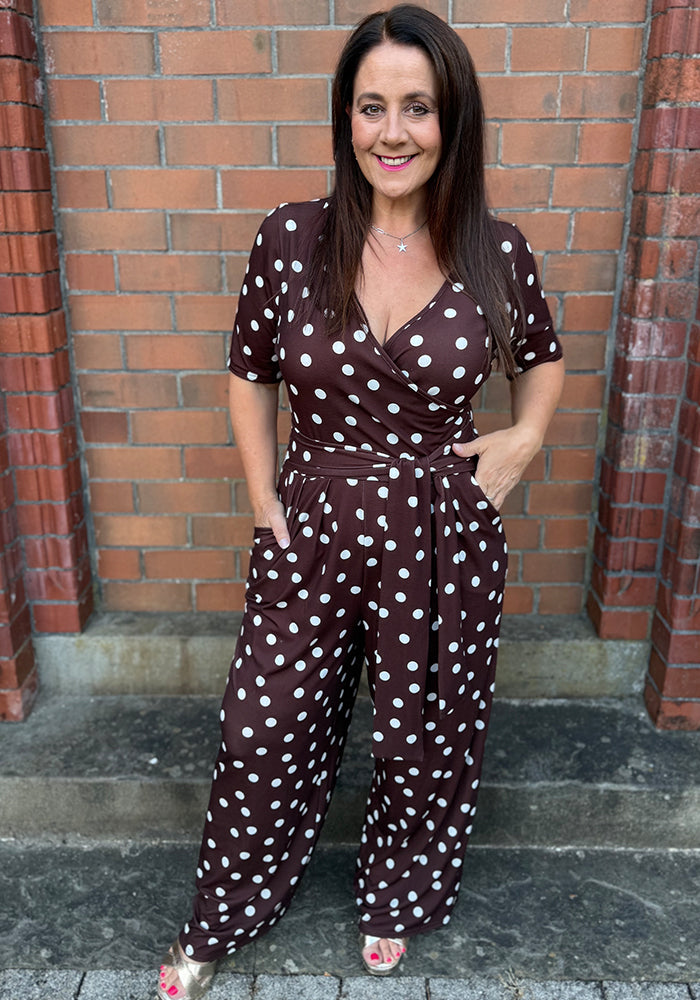 Kiri Chocolate &amp; Ecru Spot Full Length Jumpsuit