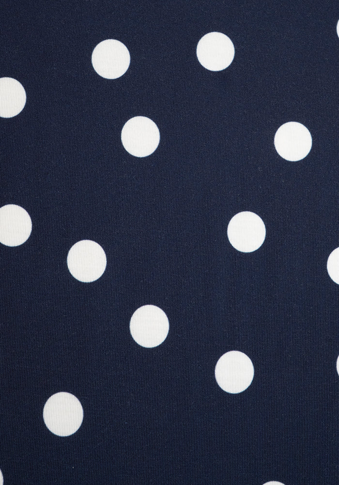 Second angle of Kiri Navy Spot Full Length Jumpsuit, our jersey is a smooth, stretchy fabric known for its comfort and ease.