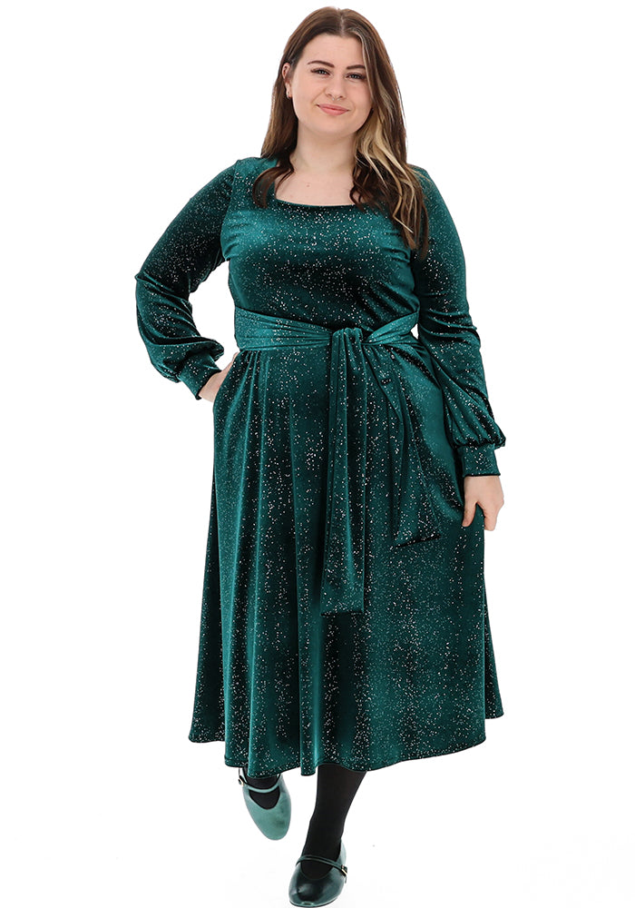 Kirsten Bottle Green/Silver Glitter Midi Dress